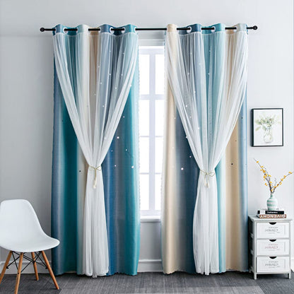 FANLI Ombre Rainbow Blackout Curtains for Kid Girls Bedroom Living Room Darking Stripe Double Layer Star Cut Out Wall Home Decor Gradient Grommet Window Curtains (Blue/Yellow, 52W x 63L)