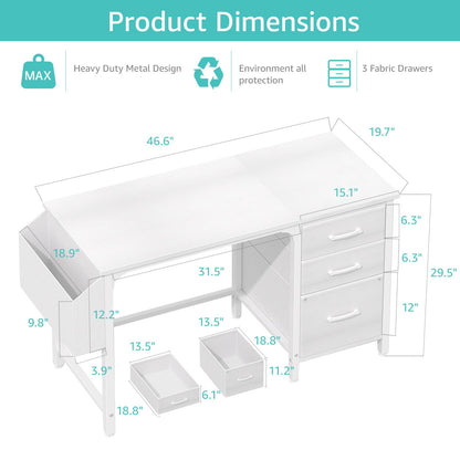 Lufeiya White Desk with File Drawers Cabinet, 47 Inch Reversible Computer Desk with Fabric Filing Cabinet for Bedroom Small Space Home Office, Modern Writing Table PC Desks, White
