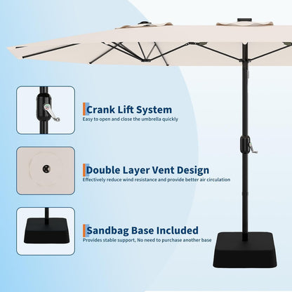 Garvee 15FT Rectangular Outdoor Umbrella Patio Umbrella with Base Included Large Market Umbrellas with Crank Handle UV Protection Table Umbrellas for Outdoor, Backyard, Deck, Poolside, Beige