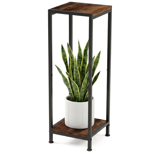 TOSKING 30" Tall 2-Tier Indoor Plant Stand (Holds 160 lbs) – Heavy Duty Black Metal Frame with Rustic Brown Wood Shelves for Balcony, Patio, Garden, Living Room, Indoor & Outdoor