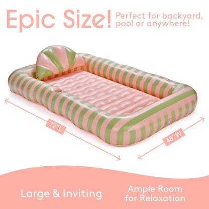 FUNBOY Tanning Pool Lounger Float Coral Stripe, XL 72'' x 48'' Pool Float with Custom Pillow and Large Cup Holder, Perfect for Pool or Backyard.