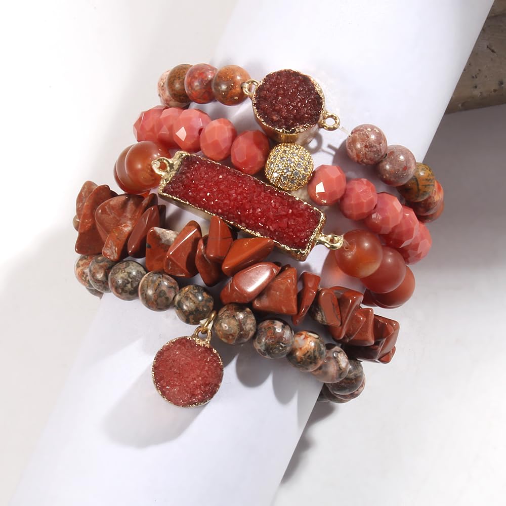 Yomisa 5PCS Natural Boho Beaded Bracelets for Women Men,Healing Turquoise Jasper Agate Crystal Gemstone Stone Diamond Chakra Multilayer Wrap Bohemian Handmade Jewelry Beads Stretch Bracelet Set