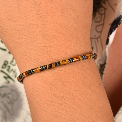 Casvia Tiger's Glow Men's Tiger Eye Chakra Bracelet, Handcrafted Hematite, Thickened Steel Wire, Adjustable Dual Clasp 6.9-8.8 Inch Gift for Men Dad Boyfriend