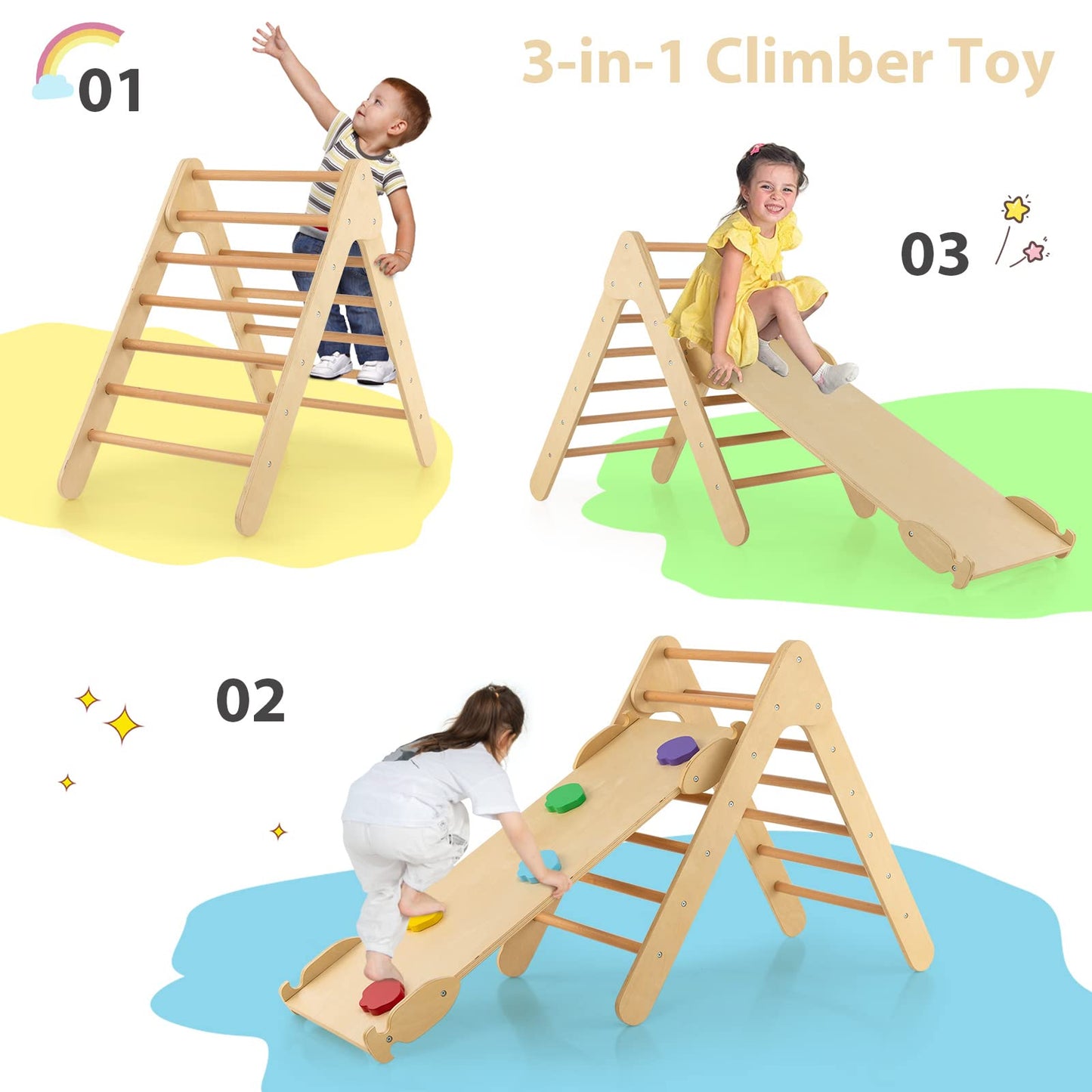 OLAKIDS Pikler Triangle Set 3 in 1 Climbing Toys for Toddlers Wood Montessori Baby Jungle Gym with Ramp Ladder Slide Kids Indoor Playground Activity Play Structure