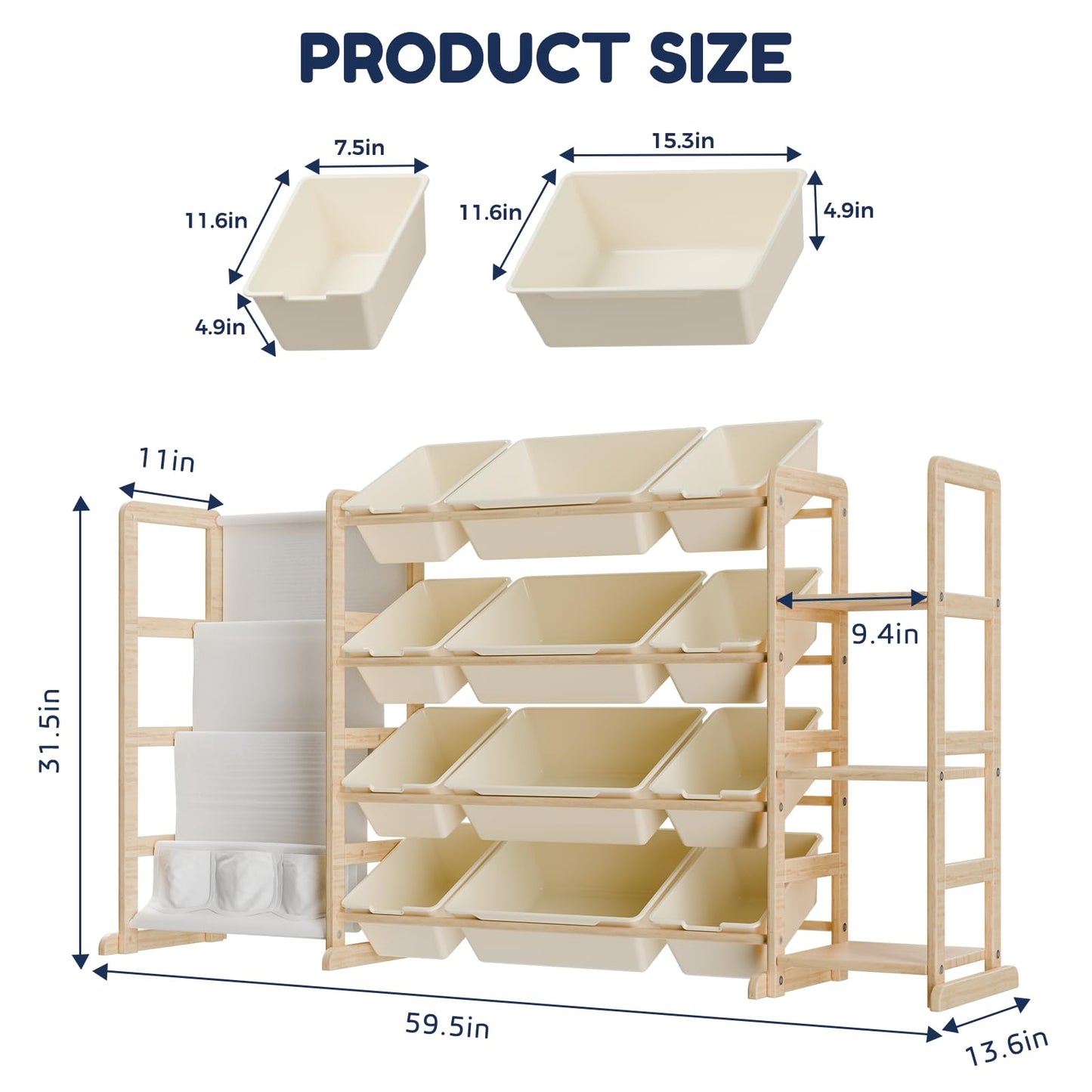 rhinowisdom Large Toy Storage Organizer with 12 Bins, 4-Tier Bookshelf & 3 Side Shelves, 59" Wide Kids Room Organization, Easy Assembly for Playroom, Bedroom, Nursery Room, White