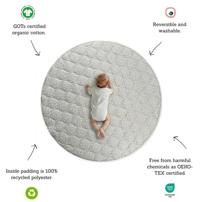 Byrd & Blume Round Baby Play Mat, Reversible Quilted Organic Cotton, Soft Circle Nursery Rug, Non Toxic, Foldable Portable, 40 Inch, Gray Stars/Solid Gray