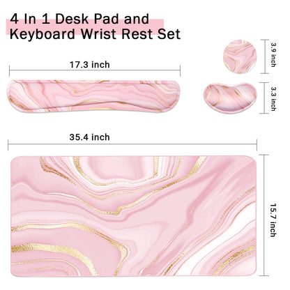 Keyboard Mouse Pad Set, Extended Mouse Pad+Keyboard Wrist Rest Support, Memory Foam Ergonomic Easy Typing, 3Pcs (35.4×15.7 in) Desk Pad Set for Home Office Study Game- Pink Gold