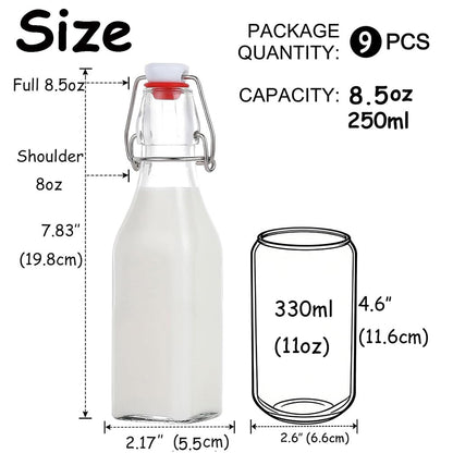 ZEBEIYU Swing Top Glass Bottles 8 oz with Airtight Lids for Home Brewing, Kombucha, Kefir, Vanilla Extract, Beer, Oil, Vinegar, Homemade Juices, Water,Soda Set of 9