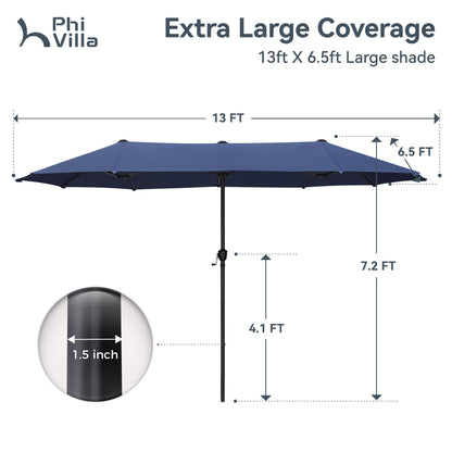 PHI VILLA 13ft Outdoor Market Umbrella Double-Sided Twin Large Patio Umbrella with Crank, Navy Blue