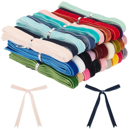 CABODYALS 60 Yards 30 Colors 3/8 Inch Colorful Velvet Ribbon Assorted Mixed Flat Ribbons Soft Single Face Rope Fabric Bundle Rope Lots Trim Set for Gift Wrapping DIY Craft Bags Christmas Tree Wedding