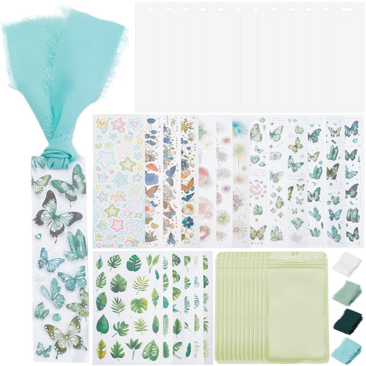 BEAMARKER Bookmark Making Kit 12Pcs Clear Acrylic Bookmark Blanks with 19 Sheets Flower Butterfly Star Theme Stickers 4m Green White Ribbon and 12 Gift Bags for DIY Crafts Green Theme
