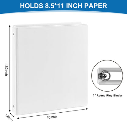 SUQJOY Durable 1-inch 3-Ring Binder, 1 Inch Round Ring Binder with 2 Inside Pockets, 8 Pack White Binder, Clear View Cover Binder Holds 8.5'' x 11''Paper for Office/Home/Back to School