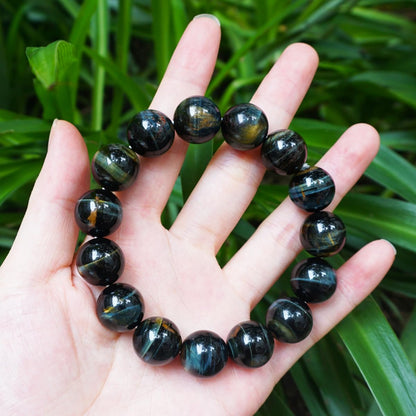 14MM Blue Tiger Eyes With Gold Eyes Bracelet for Men Women, Fits for 7-7.5" Wrist | Protection from Evil Gem | Natural Birthstone for June | Spritual Gift for Friends Familys