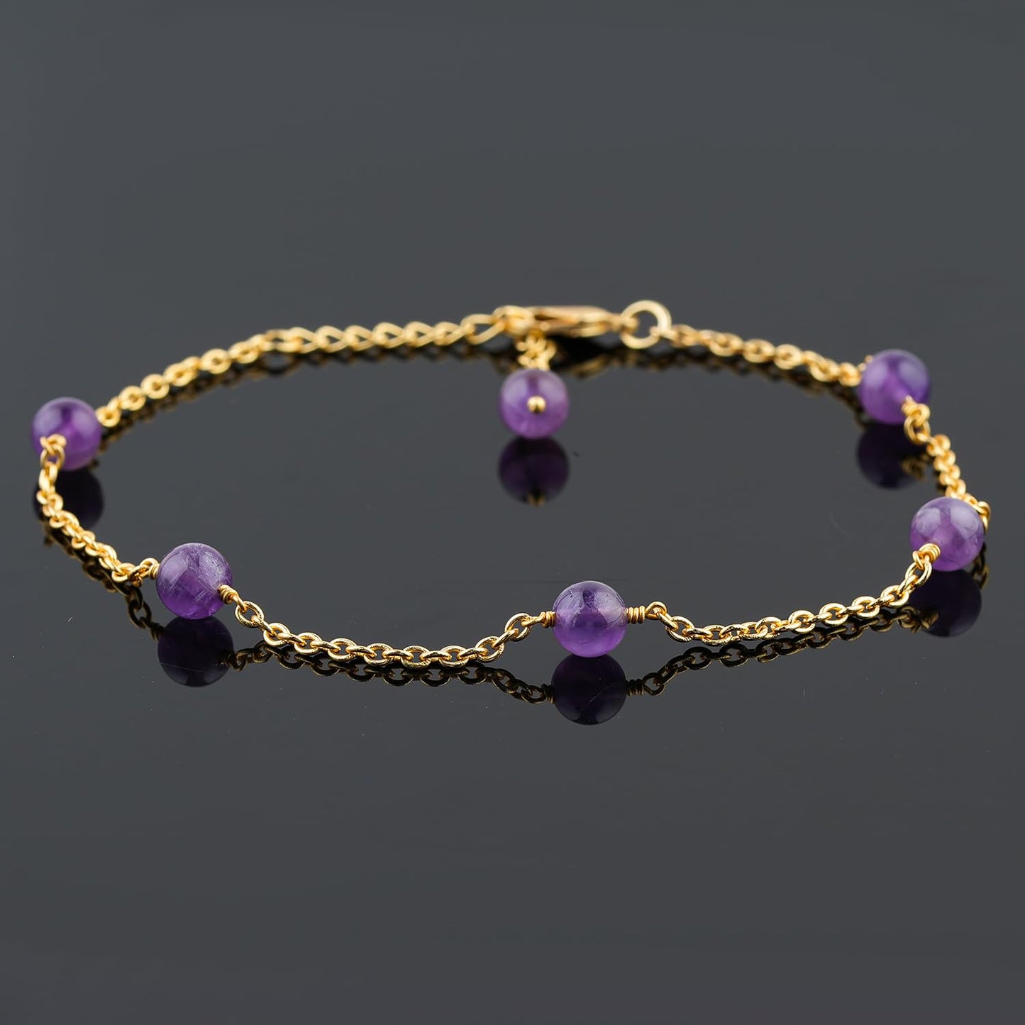 Jewel of Rocks Amethyst Beaded Anklet Bracelet, Handmade Craft, Beads, Chakra Healing, Gemstone Women Jewelry, Hypoallergenic Gold Plated Brass 9 inch + 1.5 inch (1pcs)