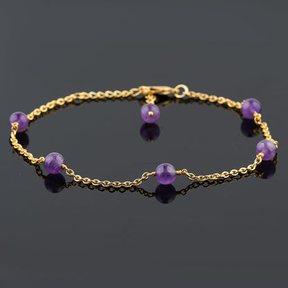 Jewel of Rocks Amethyst Beaded Anklet Bracelet, Handmade Craft, Beads, Chakra Healing, Gemstone Women Jewelry, Hypoallergenic Gold Plated Brass 9 inch + 1.5 inch (1pcs)