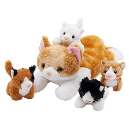 WEWILL 15'' Cat with Kittens Stuffed Animals, Mommy Plush Toy with 4 Baby Kittens, Cute Surprise for Imaginative Play, Cozy Magical Plushie for Girls, for Kids and Cat Lovers
