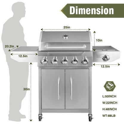 Bestfire 68,000 BTU 5 Burner Propane Gas Grill with Side Burner-Professional-Grade Stainless Steel Outdoor BBQ Grill-647 sq in Cooking Space&Porcelain Cast Iron Grrates-Patio Cart Design for Backyard