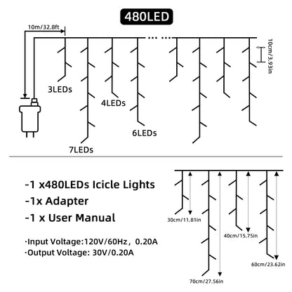BYIZO Christmas Outdoor Icicle Lights - 480 LED 66+33 FT 8 Modes Curtain Fairy String Light Plug in, Waterproof for Eaves Yard Holiday Xmas Holiday Indoor Outdoor Decoration - White