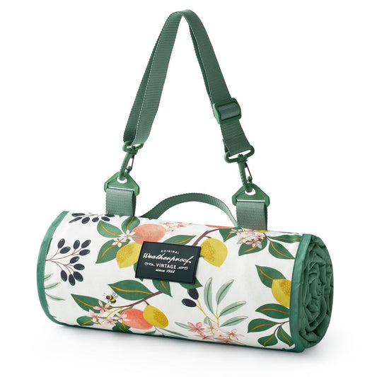 Weatherproof Vintage Waterproof Outdoor Blanket- Green Roll Up Throw Blanket with Handle, Velcro Closure - Camping Supplies, Travel Blanket for Beach, Picnic & Events, 60"x72" (Lemon Grove)