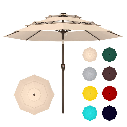 Ayge 9FT 3-Tier Large Outdoor Patio Umbrella Market Table Umbrella-UV Resistant,Easy Push Button Tilt and Crank,8 Sturdy Fiberglass Ribs Heavy-Duty Pool Umbrella for Deck,Backyard,Garden,Yard,Beige