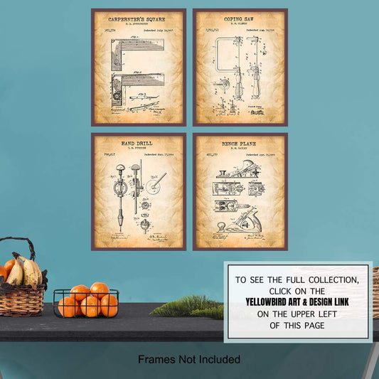 Woodworking Tools Patent Art Prints - Vintage Wall Art Poster Set - Chic Rustic Home Decor for Den, Rec, Game or Family Room, Office, Garage, Man Cave - Gift for Carpenter, Craftsman, -4-8x10 Photos