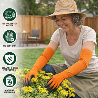 CHARGUY Long Sleeve Gardening Gloves Protection Sleeves No-Slip Grip, Durable Long Garden Gloves Flexible Sleeves, Women/Men (Orange, Small)