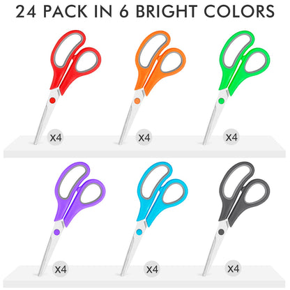 24 Packs Scissors Bulk, 8 Inch Scissors All Purpose Sharp Sewing Fabric Shears for Office Home School Supplies, Middle/High School Student Teacher Classroom Craft Scissor, Comfort Right/Left Handles