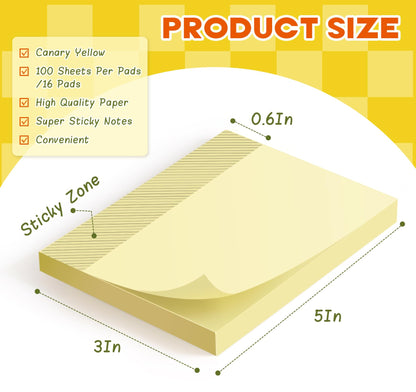 16 Pads Large Sticky Notes Yellow, 3 x 5 Inch Self-Stick Note Pads, 100 Sheets/Pad, Super Sticking Power, Clean Removal, Recyclable Memo Pads for Office, School, Home, and Meetings