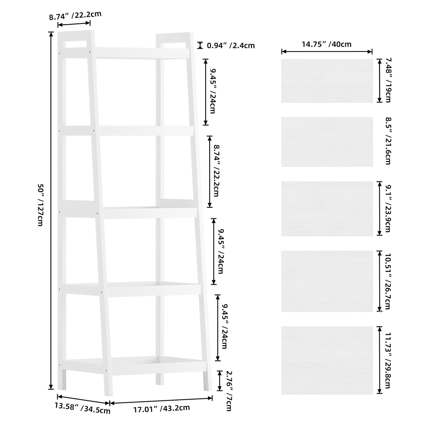 SMIBUY Bamboo Ladder Bookcase, Bathroom Storage Rack Organizer, 4 Tier and 5 Tier Freestanding Plant Display Stand Space Saver Shelves for Bedroom, Kitchen, Balcony (White, 5 Tiers (50" H))