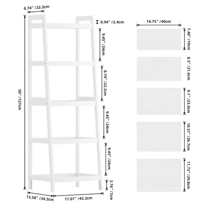 SMIBUY Bamboo Ladder Bookcase, Bathroom Storage Rack Organizer, 4 Tier and 5 Tier Freestanding Plant Display Stand Space Saver Shelves for Bedroom, Kitchen, Balcony (White, 5 Tiers (50" H))