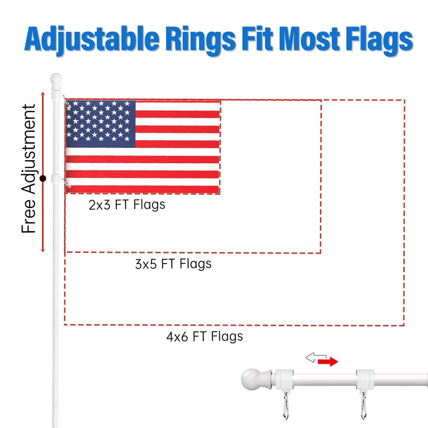 ZMTECH 5 FT Flag Pole for Outside House with Solar Light, Tangle Free Stainless Steel Flag Pole Kit, 180° Adjustable Flag Pole Holder & Flag Holder Bracket, White (No Flag)