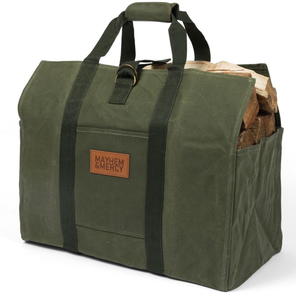 MAYHEM & MERCY Extra Large Waxed Canvas Firewood Carrier Tote – Heavy Duty Log Bag with Handles & Pocket – Self-Standing Wood Holder for Fireplace, Camping, and Outdoor Use – Hunter Green
