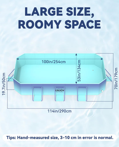 HeySplash Foldable Pool, Non-Inflatable Swimming Pool with Rigid Puncture-Proof Hard Composite Board, Kiddie Pool Outdoor Pool, Adults & Kids Pool for Backyard Garden Dog Pool 114"×70"×19", Ice Blue
