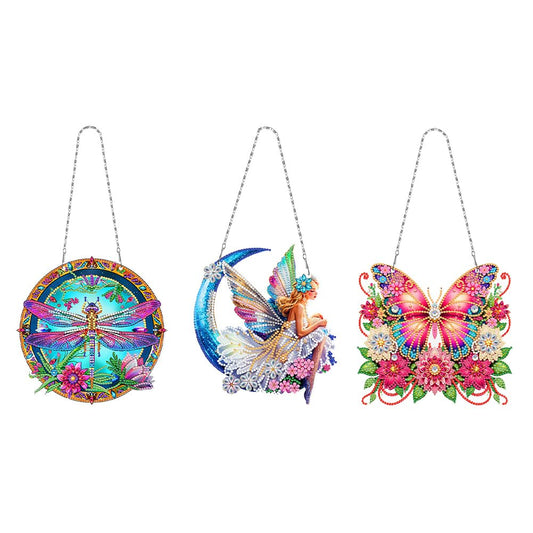 3Pcs DIY Hanging Diamond Art Pendant Kit Butterfly Dragonfly Fairy, Special Crystal Acrylic Diamonds Painting Ornament Kit for Adults, 5D Diamond Art Suncatchers Gem Painting Box Kit (Pink)