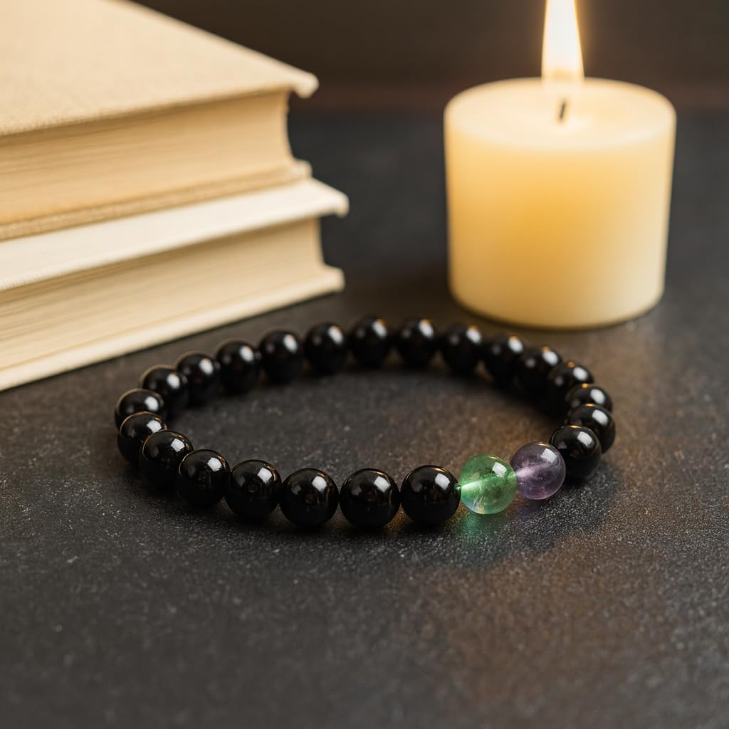 PRECIOUS PEBBLE Obsidian, Tourmaline & Fluorite Bracelets, Natural 8mm Crystal Beads, Handmade Stretch Bracelet for Men & Women – Symbolic Gift Accessory for Balance & Grounded Style