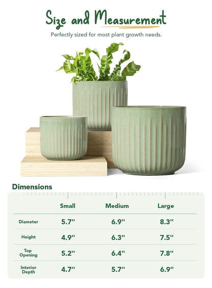 LE TAUCI Ceramic Pots for Plants, 8.3/7/6 Inch Indoor Planters with Drainage Holes & Mesh, Modern Glossy Glaze Cylinder Fluted Plant Pot for Snake Plant, Set of 3, Sage Green