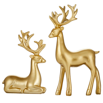 2PCS Carved elk Statue Resin Ornaments, Christmas Reindeer Fortune Seeking Decoration Modern Retro Art Standing and Sitting Posture, Applicable to Living Room and Bedroom (Pure Gold)