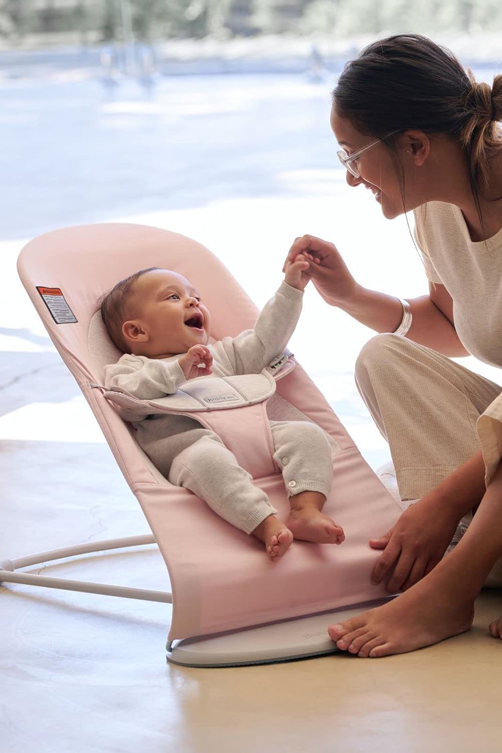 BabyBjörn Bouncer Balance Soft, Woven/Jersey, Light Pink/Grey | 2-in-1 Adjustable Baby Bouncer Seat and Toddler Chair, Newborn to Toddler (8-29 lbs), 4 Positions, Lightweight & Portable