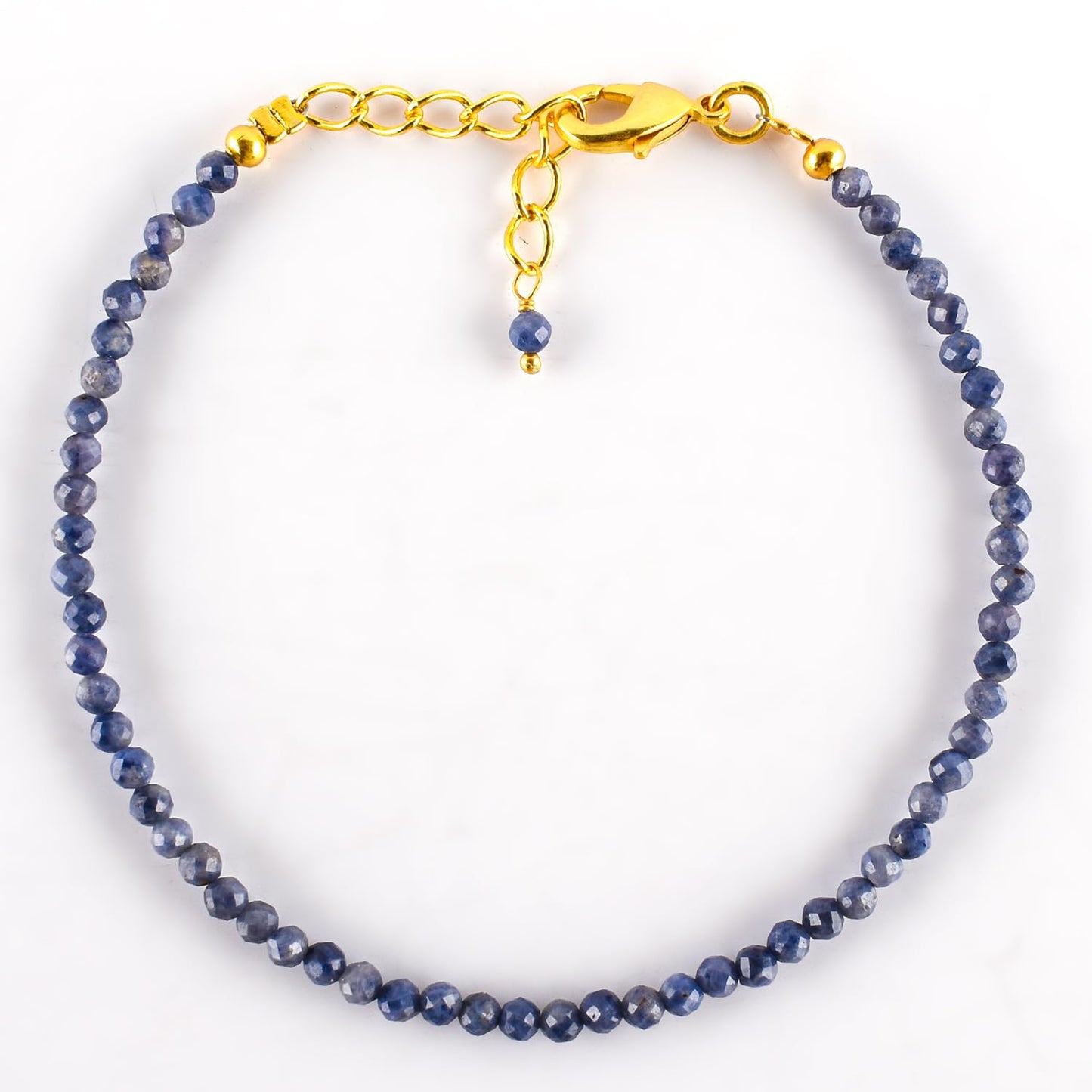 Natural Blue Sapphire Gemstone Micro Beads Dainty Bracelet Jewelry for Women, September Birthstone, Chakra Energy Crystals, 14k Gold Plated Chain 8 inch Adjustable