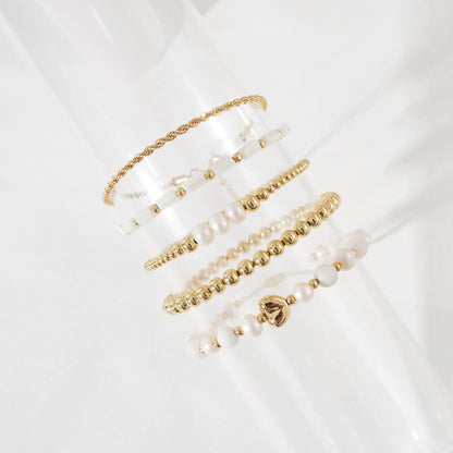 GOOJIDS Tiny Pearl Gold Plated Heart Beaded Bracelets For Women Dainty Gold Plated Pearls Stack Layered Beads Bracelet set for MAMA Birthday