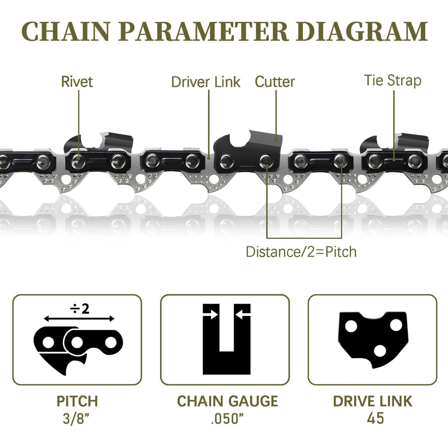 5 Pack 12 Inch Chainsaw Chain 3/8" LP Pitch .050'' Gauge 45 Drive Links fits Echo, Greenworks, Homelite, Craftsman, Remington, Poulan and more