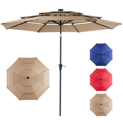 NEWBULIG 10FT 3 Tiers Solar LED Lights Patio Umbrella, Outdoor Umbrella Adjustable Angles and Height, UV Resistant, for Day, Night, Shading, Camping, pool and Patio