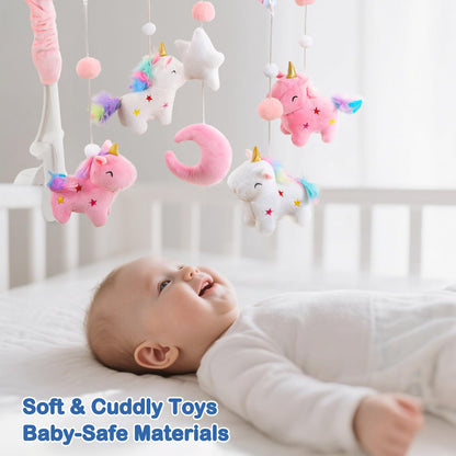 Unicorn Baby Crib Mobile for Girls with Music Box (100+ Lullabies), Rotating Plush Crib Toys for Newborns, Infant, Baby Shower Gift