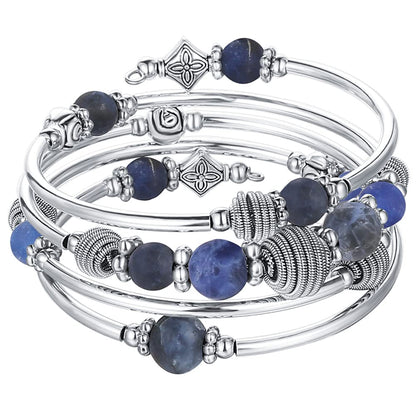 PEARL&CLUB Beaded Chakra Bangle Turquoise Bracelet - Fashion Jewelry Wrap Bracelet with Thick Silver Metal and Mala Beads, Birthday Gifts For Women(Navy Blue)