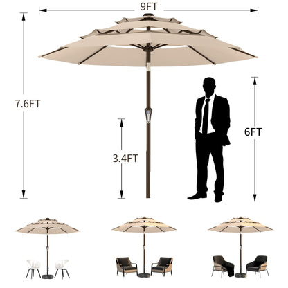 Ayge 9FT 3-Tier Large Outdoor Patio Umbrella Market Table Umbrella-UV Resistant,Easy Push Button Tilt and Crank,8 Sturdy Fiberglass Ribs Heavy-Duty Pool Umbrella for Deck,Backyard,Garden,Yard,Beige