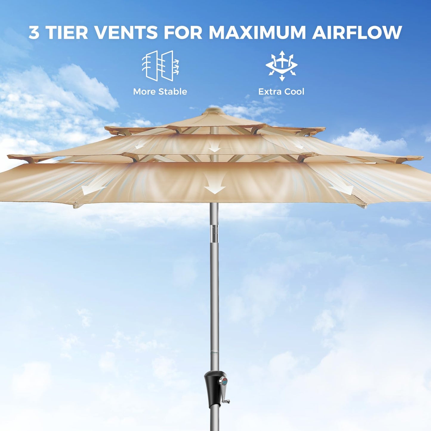 HOMSHADE 9ft Aluminum Patio Umbrella - 3 Tiers Vented Outdoor Commercial Market Table Umbrella, Heavy Duty Wind Proof Deck Pool Umbrellas UPF50+ UV Protection 5-Year Fade Resistant (Beige)