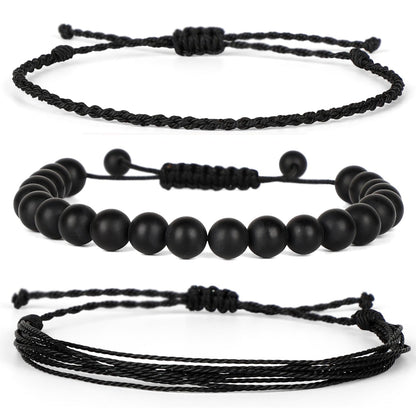 QOGIR Handmade Healing Bracelets, 8mm Matte Black Onyx Bracelet Black Beaded Bracelets for Men Women with 2PCS Size Adjustable Rope Bracelets