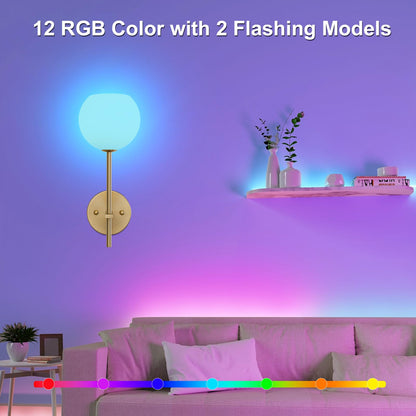 Gold Battery Operated Wall Sconces Set of 2, Rechargeable Wireless Wall Lights with Milky White Frosted Glass Shade, 12 RGB and 3CCT Dimmable, Wall Lamps with Remote for Bedroom Living Room Hallway