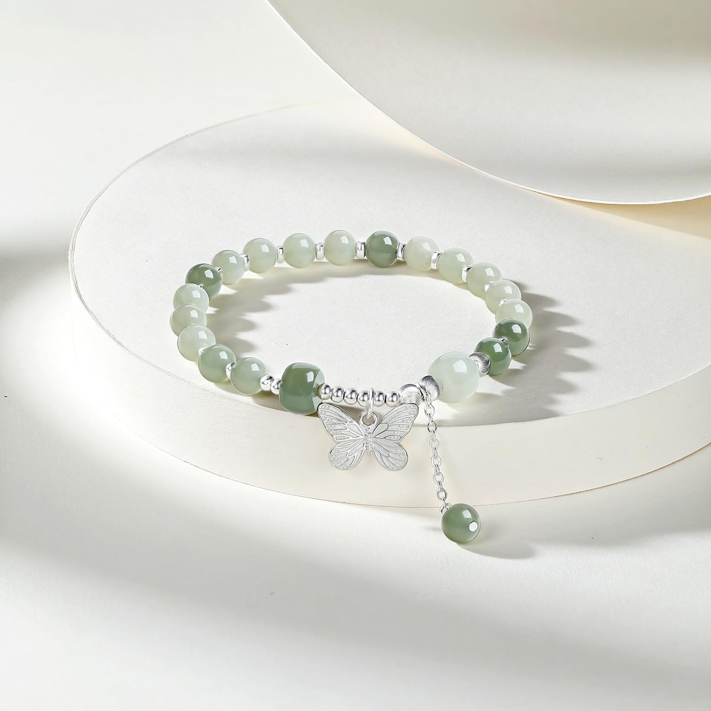 ZHOU LIU FU Sterling Silver Jasper Beaded Bracelets for Women S925 Silver Green Gemstone Bead Butterfly Stretch Bracelet Mom Birthday
