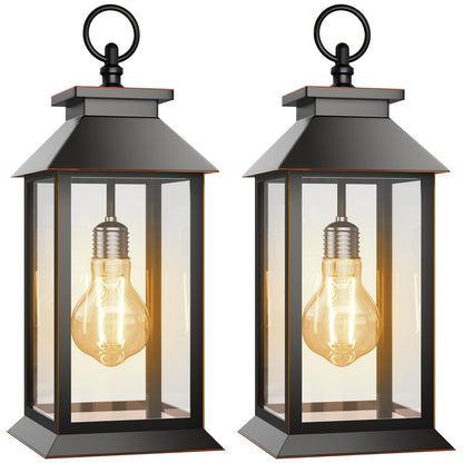AYTPU 2 Pack Solar Lanterns Outdoor, Hanging Glass Solar Lights Waterproof, Dual Power Solar & 2*AA Battery, for Porch, Patio, Yard and Indoor Table or Mantel